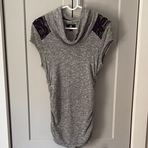 Iz Byer Gray Cowl Neck Top with Black Lace Accents